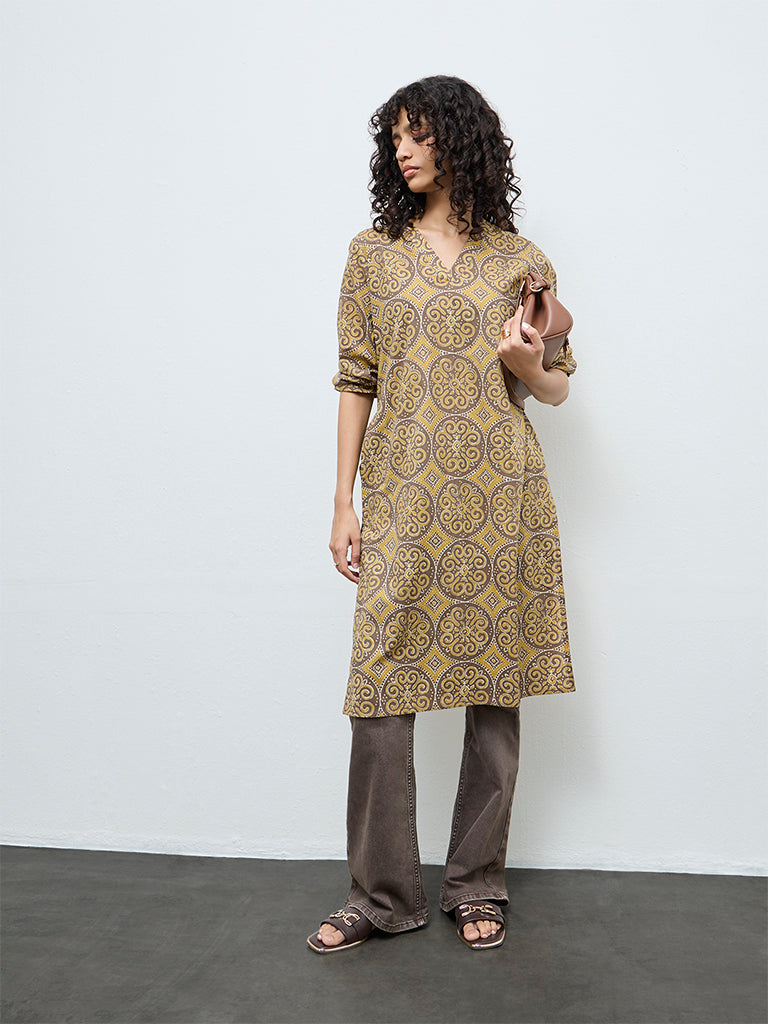Utsa Dark Yellow Printed Cotton Straight Kurta