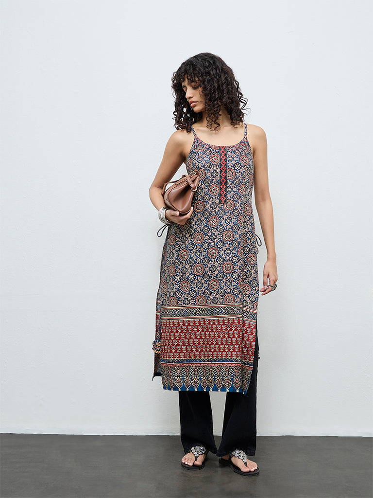 Utsa Indigo Printed Cotton A-Line Kurta