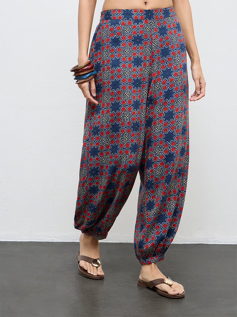 Utsa Indigo Geometric Printed Cotton Harem Pants