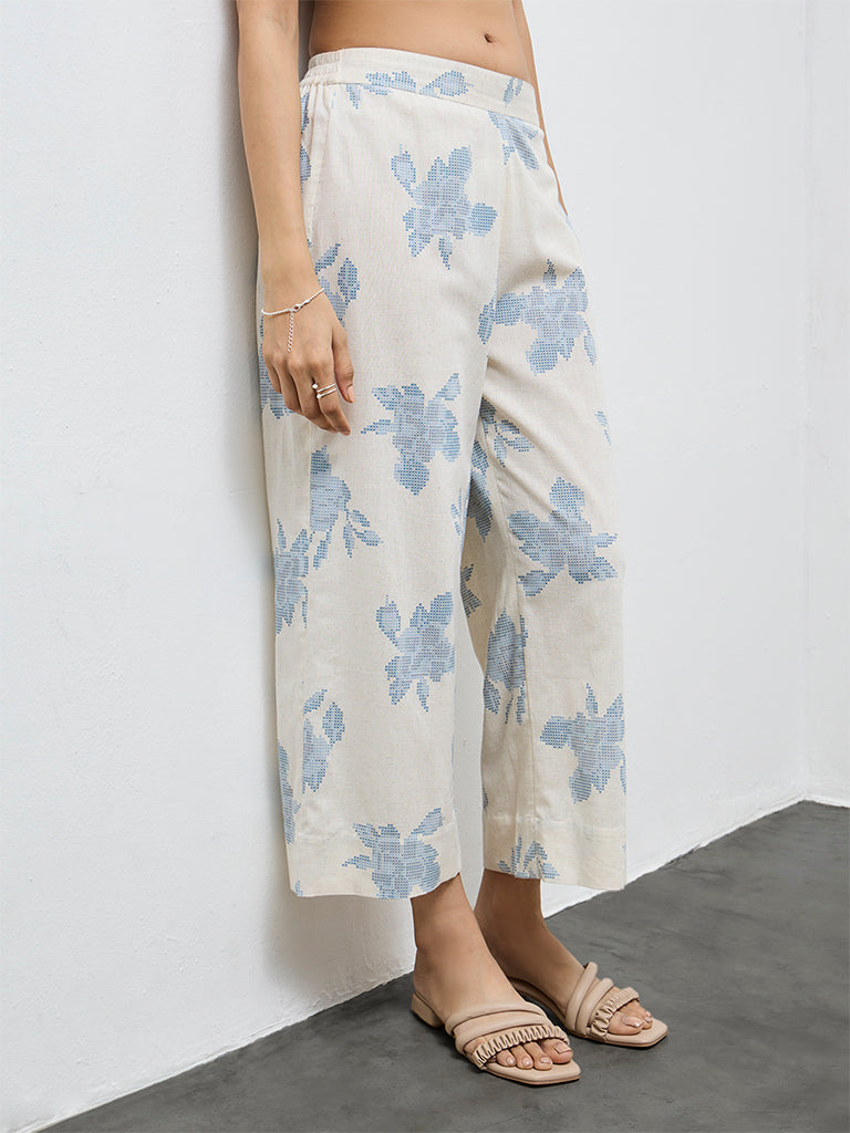 Utsa Off-White Floral Cotton-Blend Pants