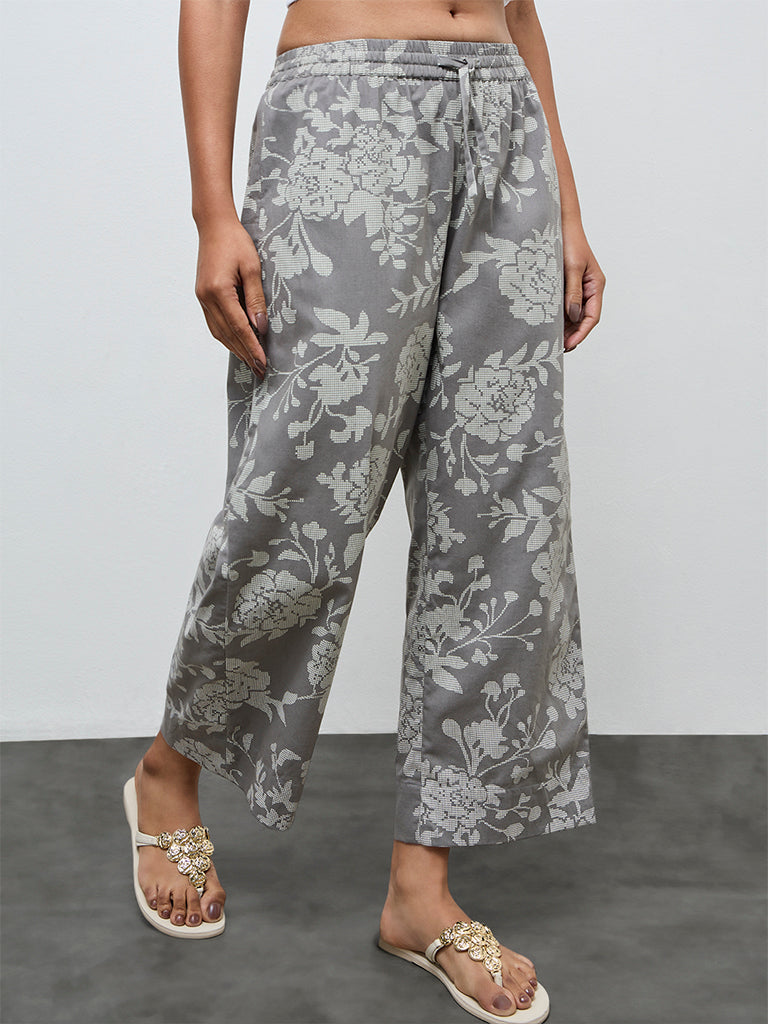 Utsa Grey Floral Cotton-Blend Pants