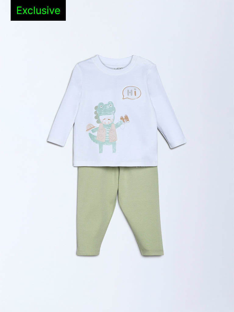HOP Baby Multicolour Dinosaur-Themed Cotton T-Shirt and Pants Set - Exclusive