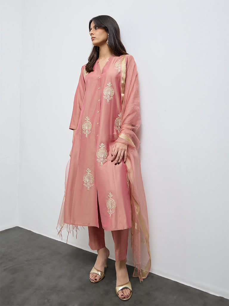 Vark Dusty Pink Floral Embroidered A-Line Ethnic Set