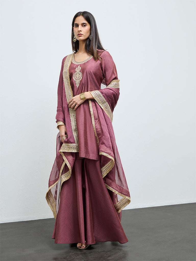 Vark Wine Embroidered A-Line Ethnic Set