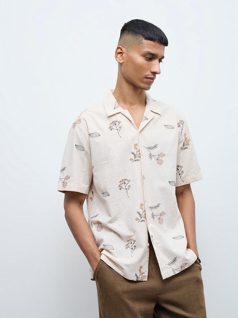 ETA Light Beige Floral Detailed Relaxed-Fit Cotton-Blend Shirt