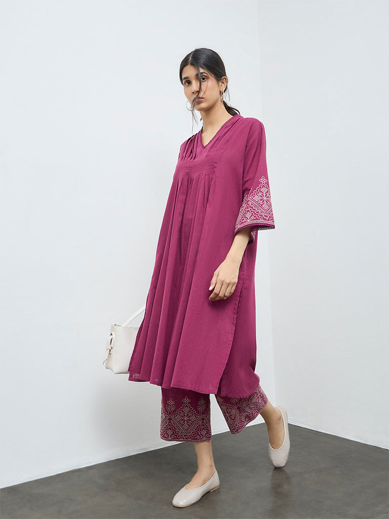 Utsa Magenta Embroidered Cotton A-Line Kurta