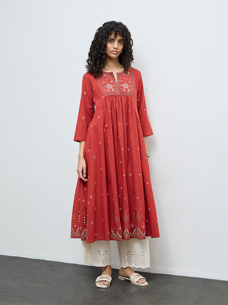 Utsa Red Floral Embroidered Cotton Anarkali Kurta