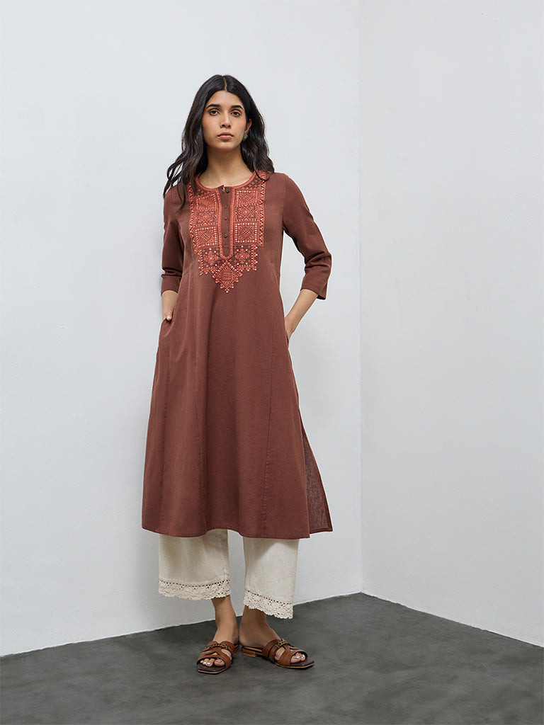 Utsa Brown Embroidered Cotton-Blend A-Line Kurta