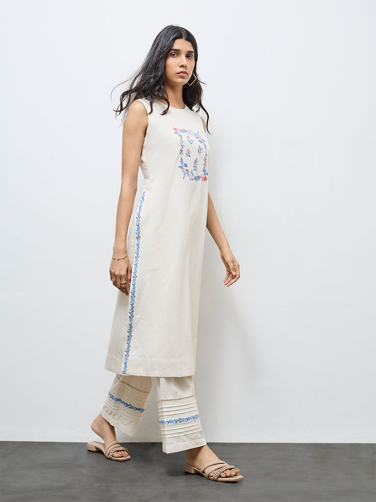 Utsa Off-White Floral Embroidered A-Line Cotton-Blend Kurta