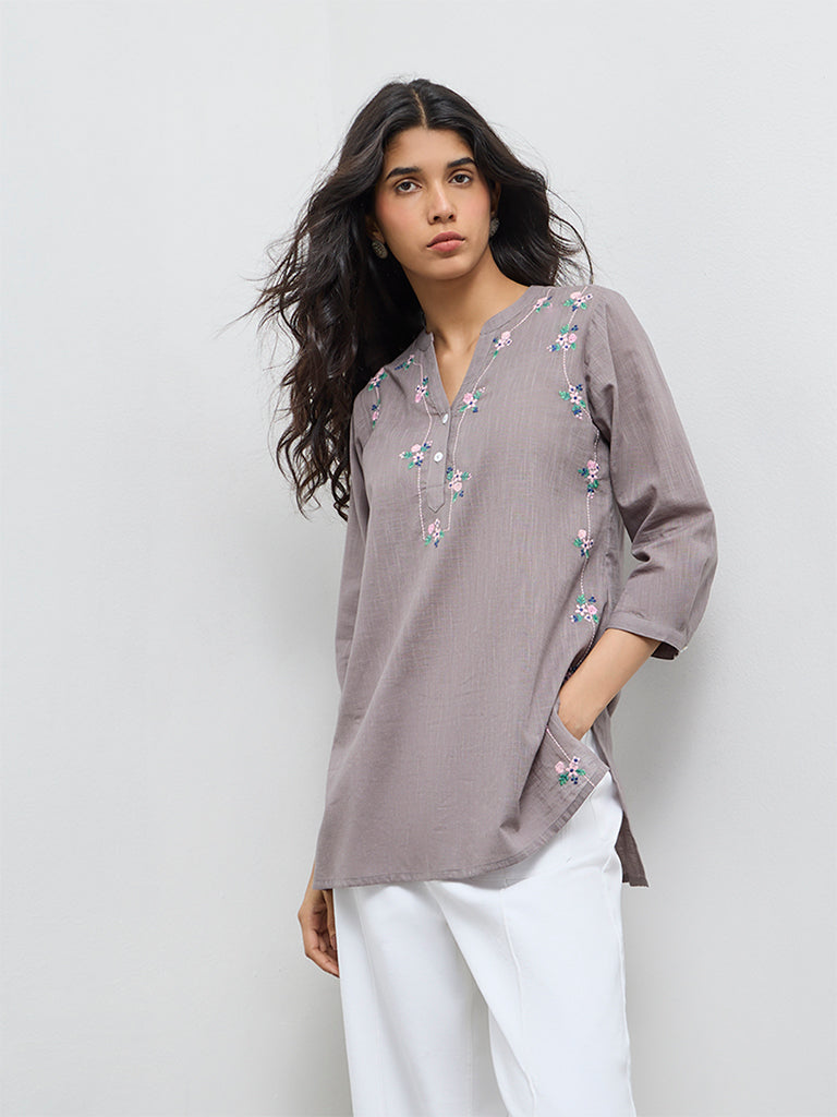 Utsa Grey Floral Embroidered Cotton Tunic