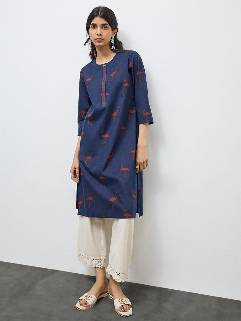 Utsa Navy Printed Cotton Straight Kurta