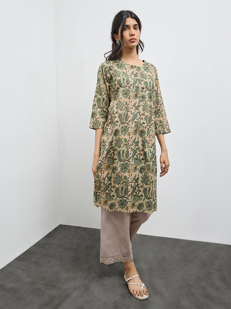 Utsa Green Floral Printed Cotton Straight Kurta