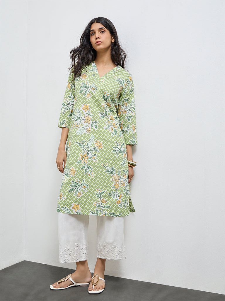 Utsa Green Floral Cotton Straight Kurta