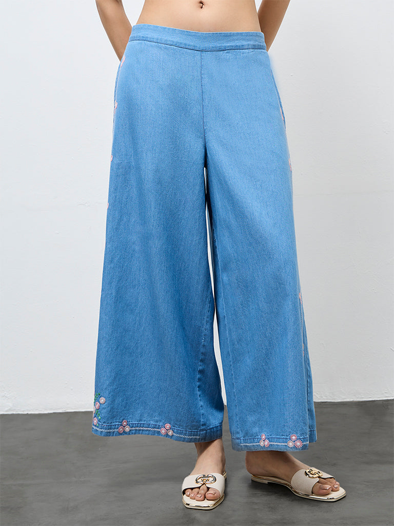 Utsa Blue Floral Embroidered Denim Palazzos