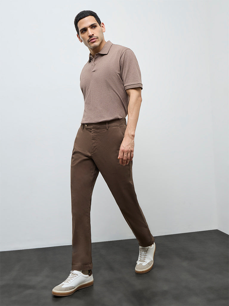 WES Casuals Dark Brown Relaxed-Fit Cotton-Blend Mid-Rise Trousers