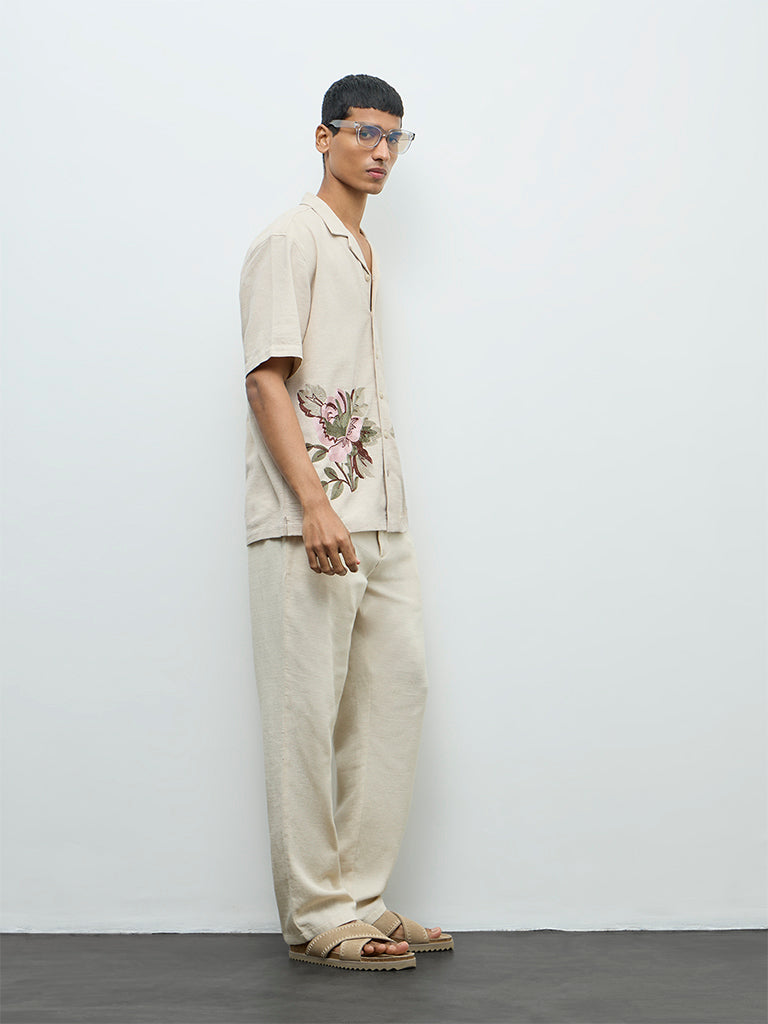 ETA Beige Floral Embroidered Relaxed-Fit Cotton Shirt