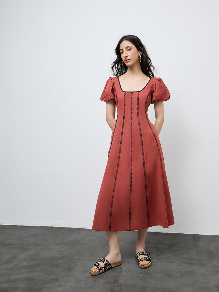 Bombay Paisley Red Striped Cotton-Blend A-Line Dress