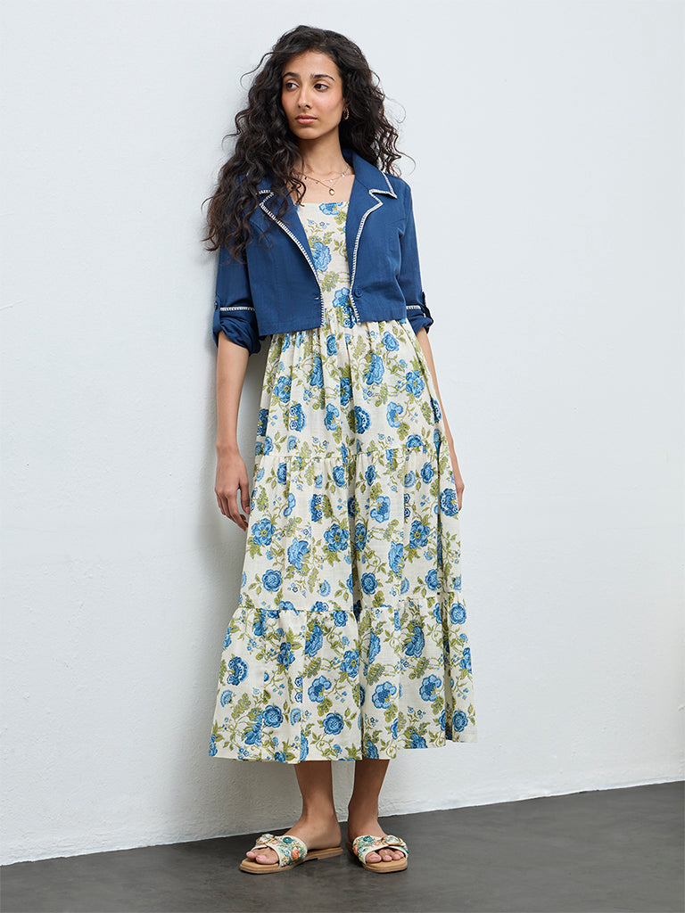 Bombay Paisley Blue Floral Cotton Tiered Dress with Jacket Blue / XS Bombay Paisley Blue Floral Cotton Tiered Dress with Jacket Blue / XS