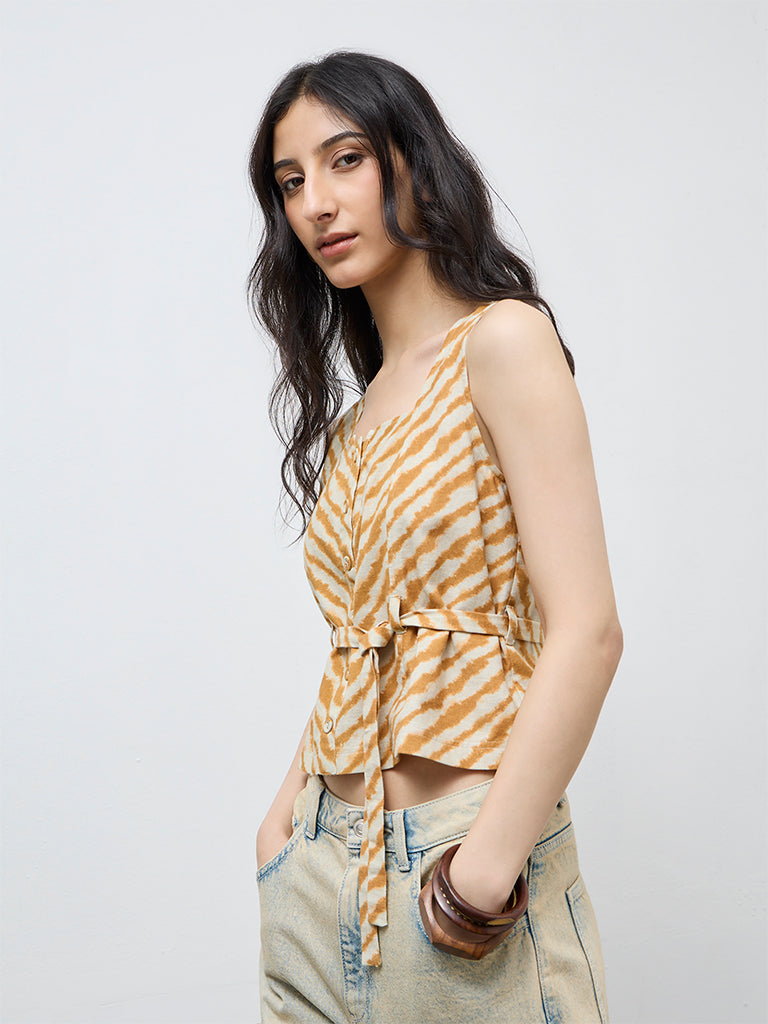 Bombay Paisley Yellow Printed Cotton-Blend Top with Belt