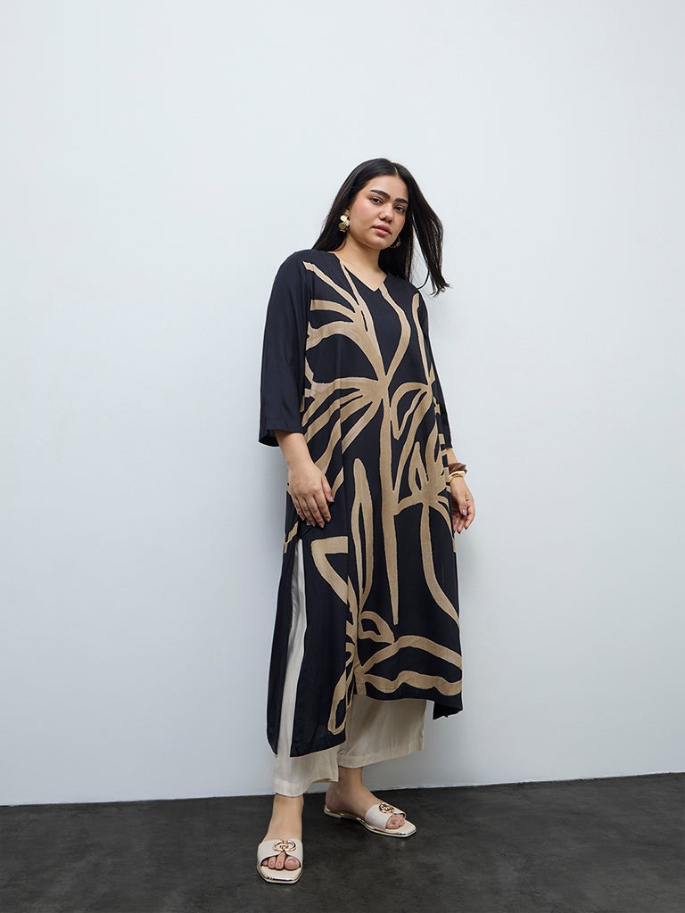 Diza Black Abstract Printed A-Line Kurta