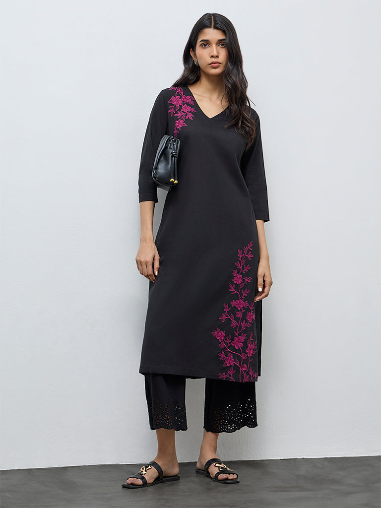 Utsa Black Floral Embroidery Cotton-Blend A-Line Kurta