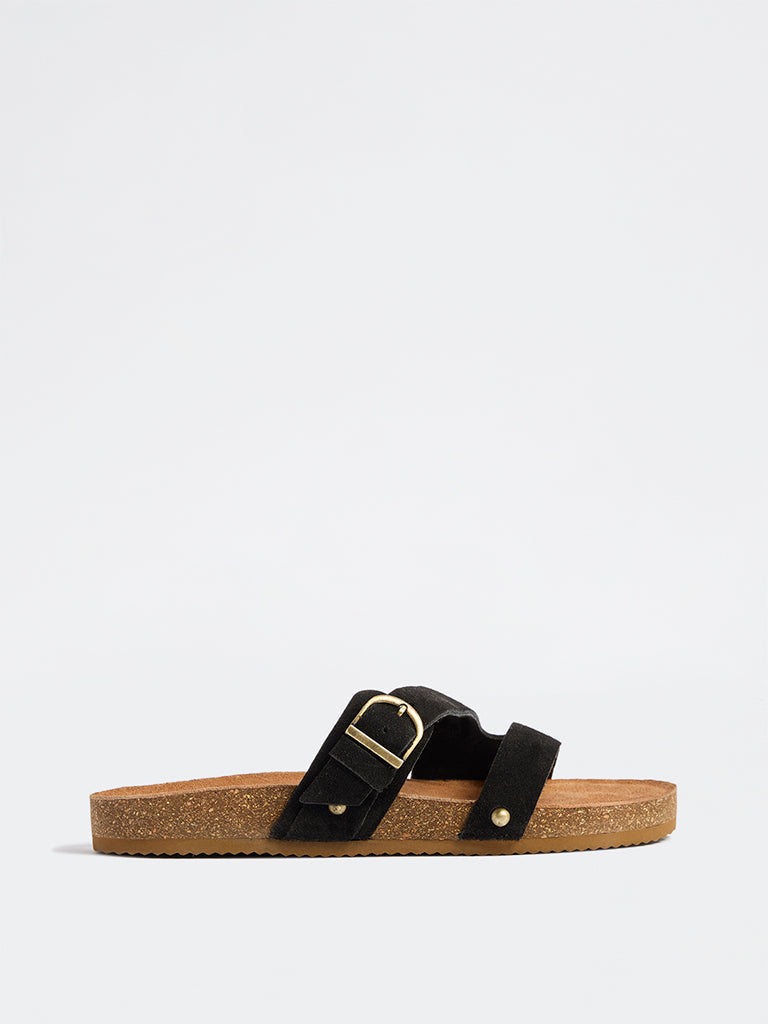 LUNA BLU Black Buckle-Detailed Slip-On Sandals