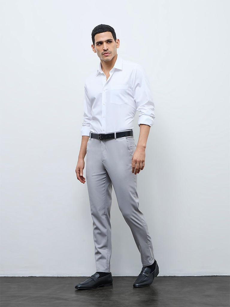 WES Formals Grey Slim-Fit Mid-Rise Trousers