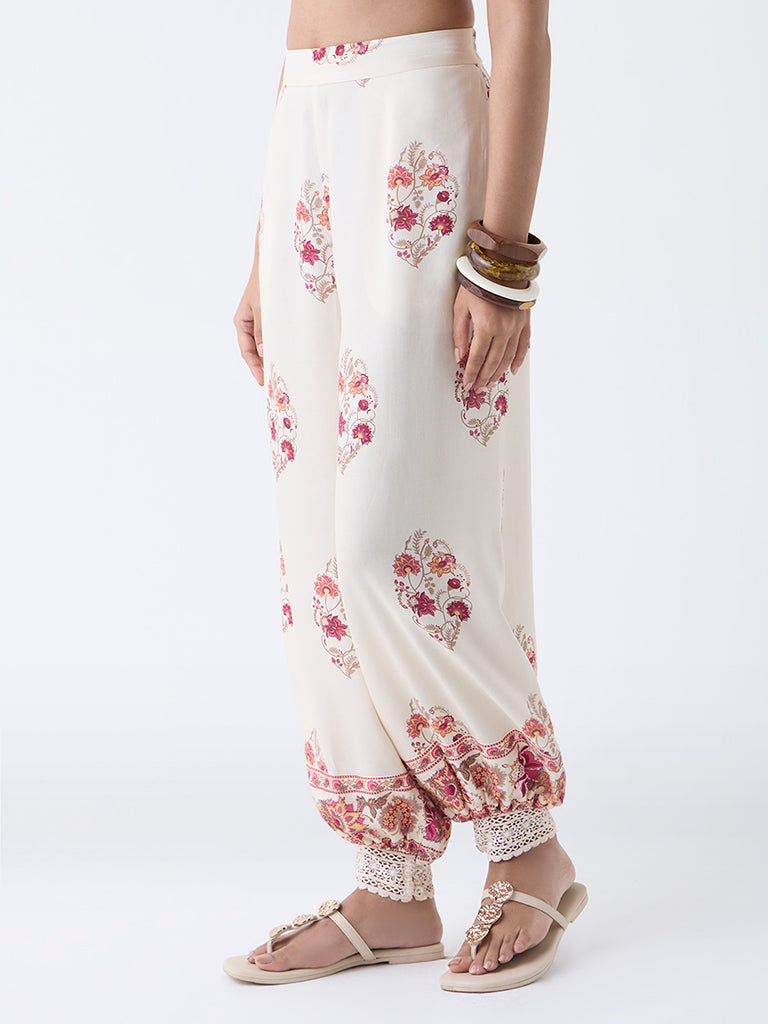 Utsa Off-White Floral Pattern Harem-Style Pants
