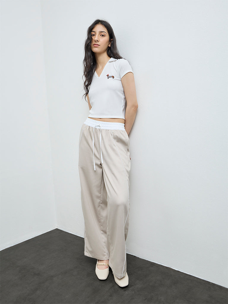 Nuon Beige Solid High-Rise Trousers