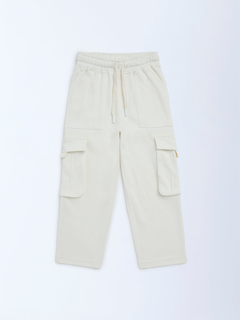 HOP Kids Boys Cream Cargo-Style Mid-Rise Cotton Pants