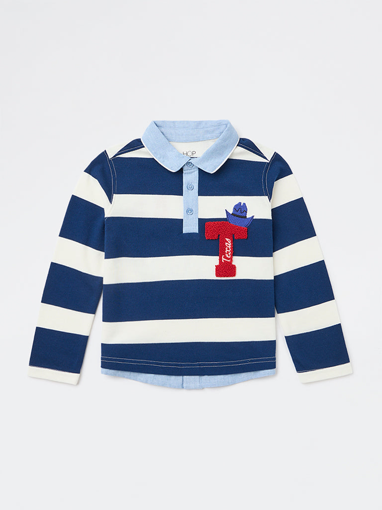 HOP Kids Boys Navy Striped Cotton Polo T-Shirt