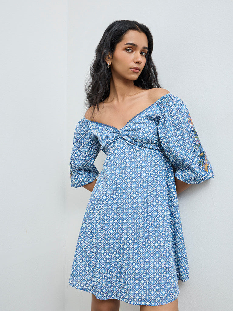 Bombay Paisley Blue Floral Embroidered A-Line Cotton Dress Cherrypick Bombay Paisley Blue Floral Embroidered A-Line Cotton Dress Cherrypick