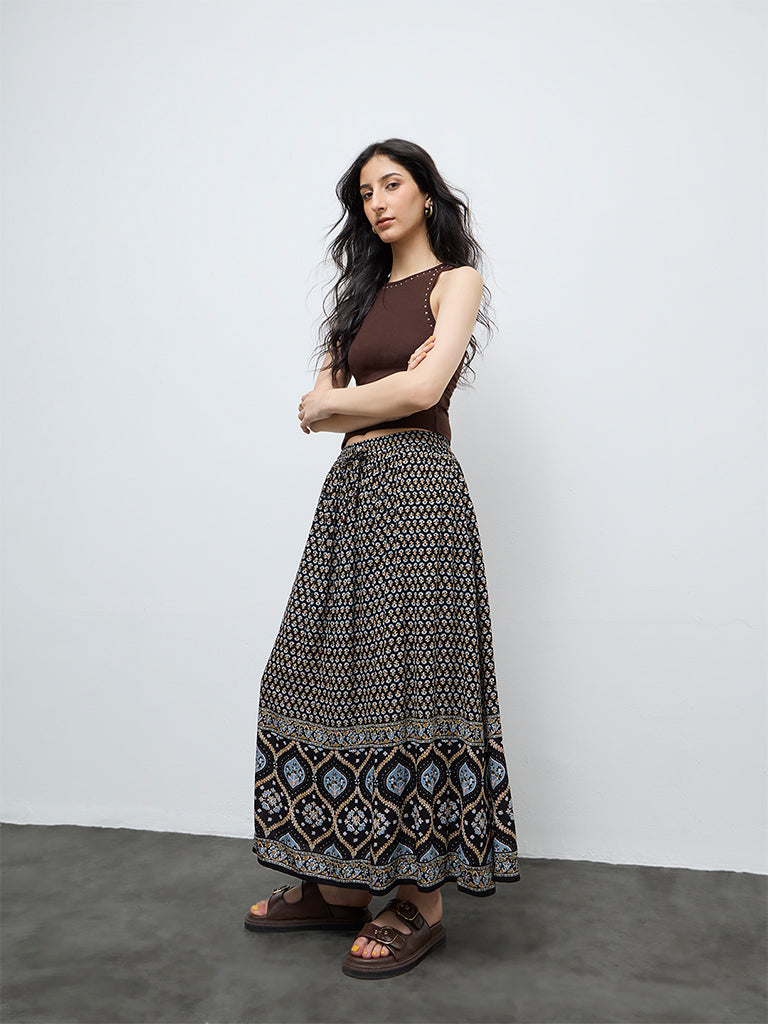 Bombay Paisley Black Printed High-Rise Cotton-Blend Skirt