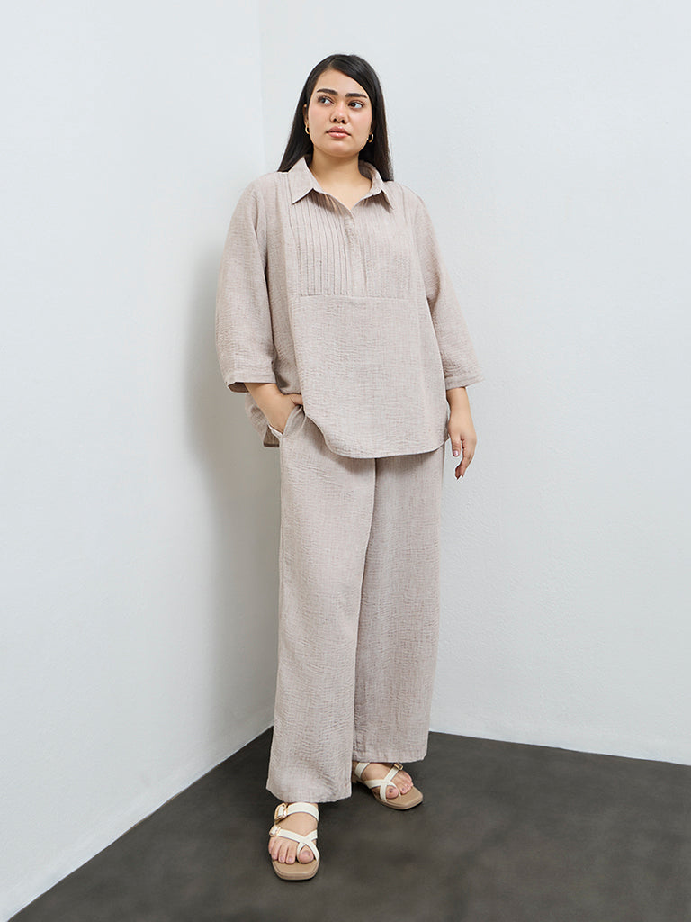 Gia Beige Textured High-Rise Pants