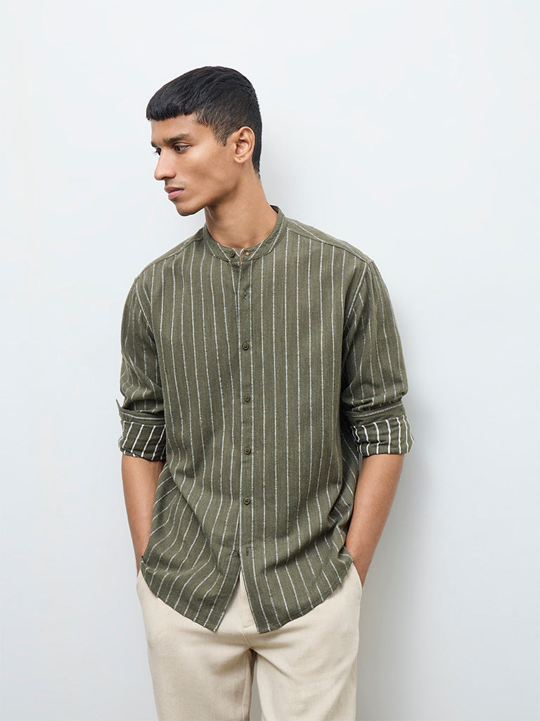 ETA Olive Stripe Embroidered Relaxed-Fit Cotton Shirt