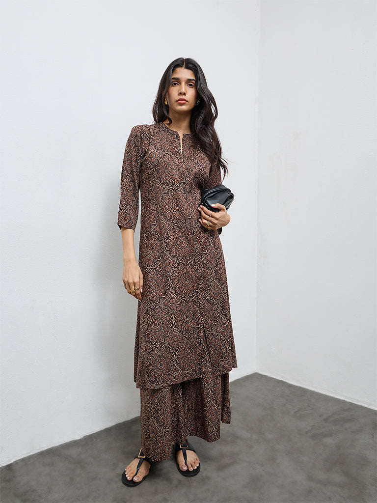 Utsa Dark Brown Printed A-Line Kurta
