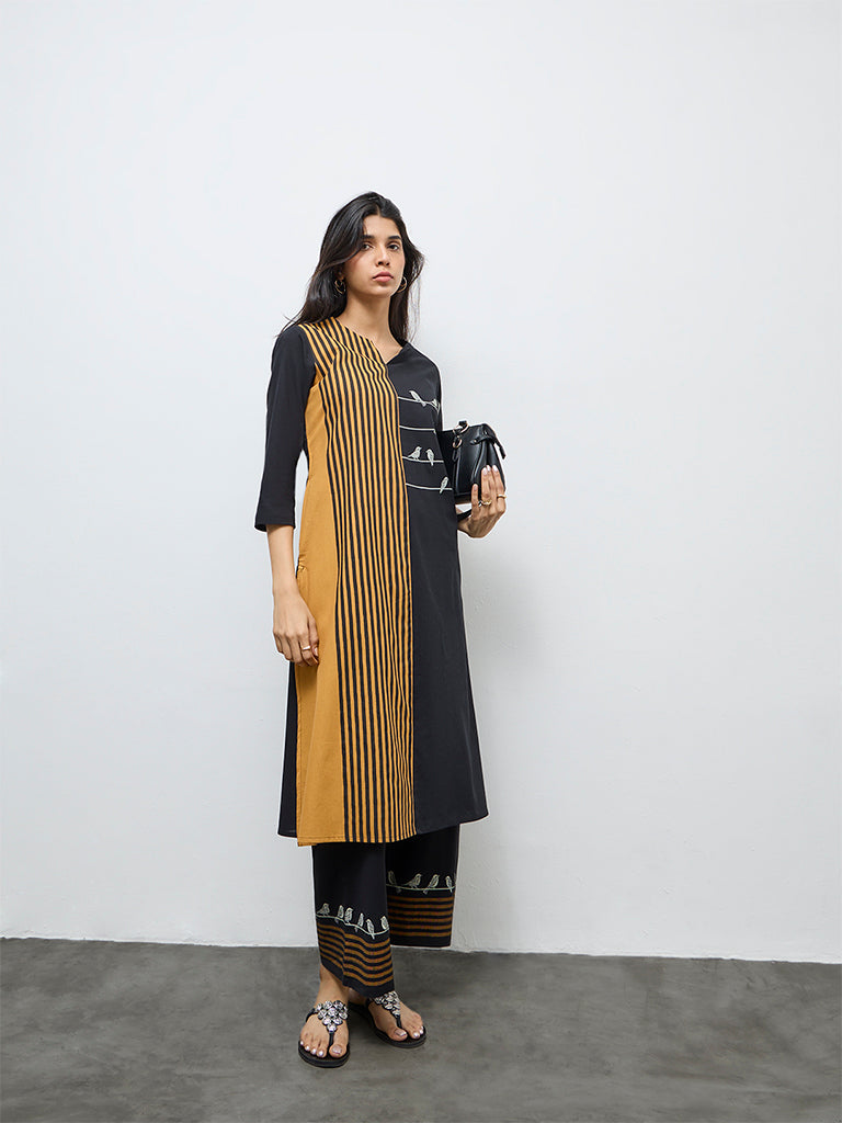 Utsa Black Colour-Block Cotton-Blend A-Line Kurta