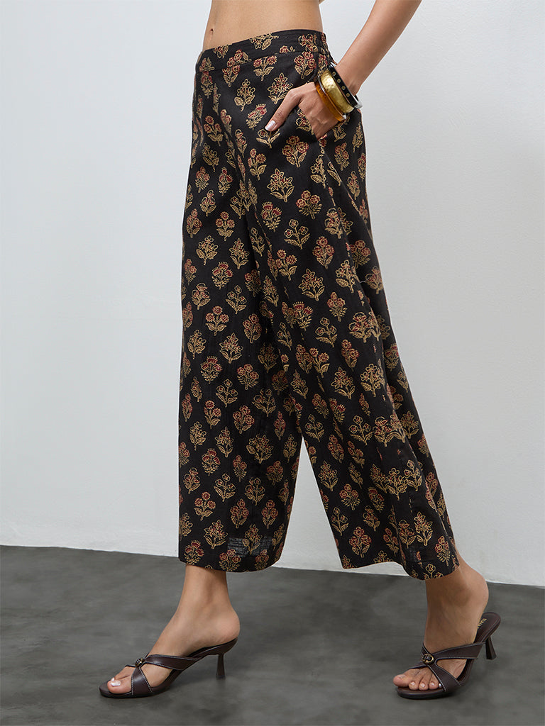 Utsa Black Foliage Printed Cotton Palazzos