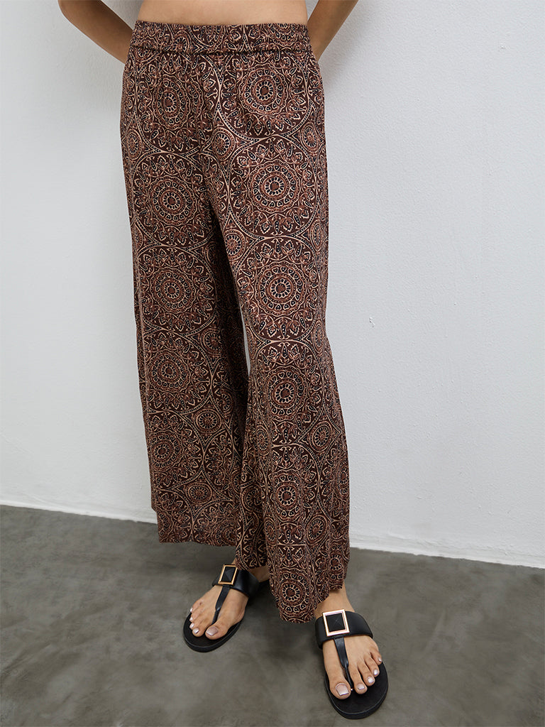 Utsa Dark Brown Printed Palazzos