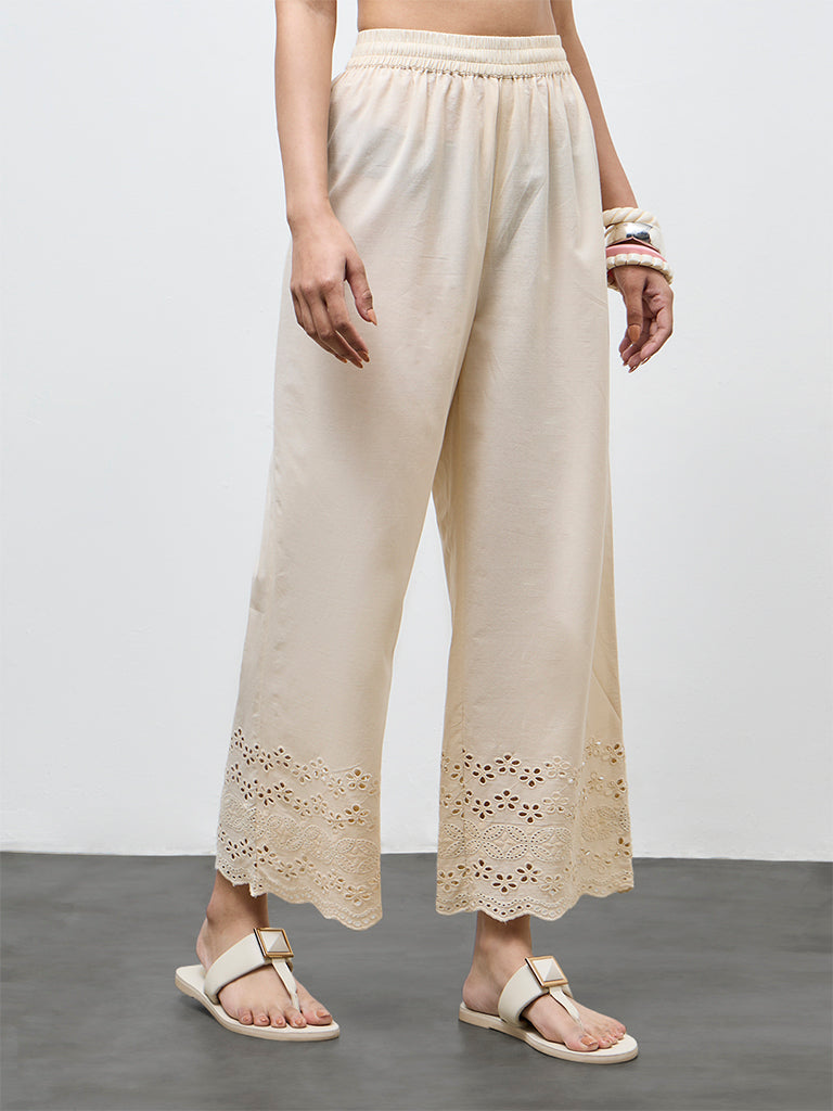 Utsa Beige Schiffli Embroidered Ethnic Cotton Pants