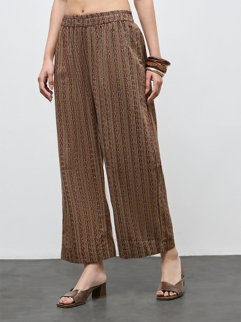 Utsa Brown Printed Cotton Palazzos