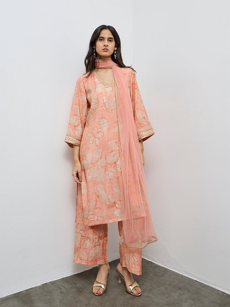 Vark Peach Floral A-Line Ethnic Set