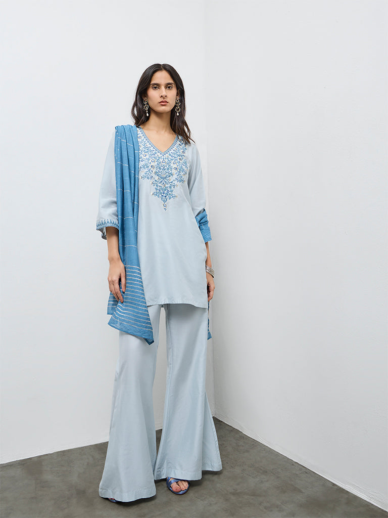 Vark Light Blue Floral Embroidered Straight Ethnic Set