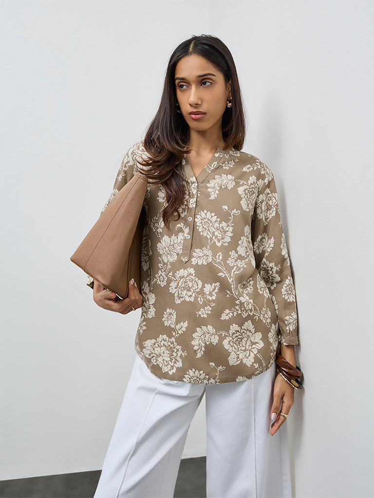 Utsa Taupe Floral Design Tunic