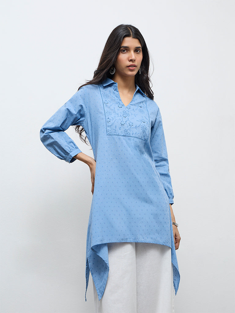 Utsa Blue Embroidered Cotton Straight Kurta