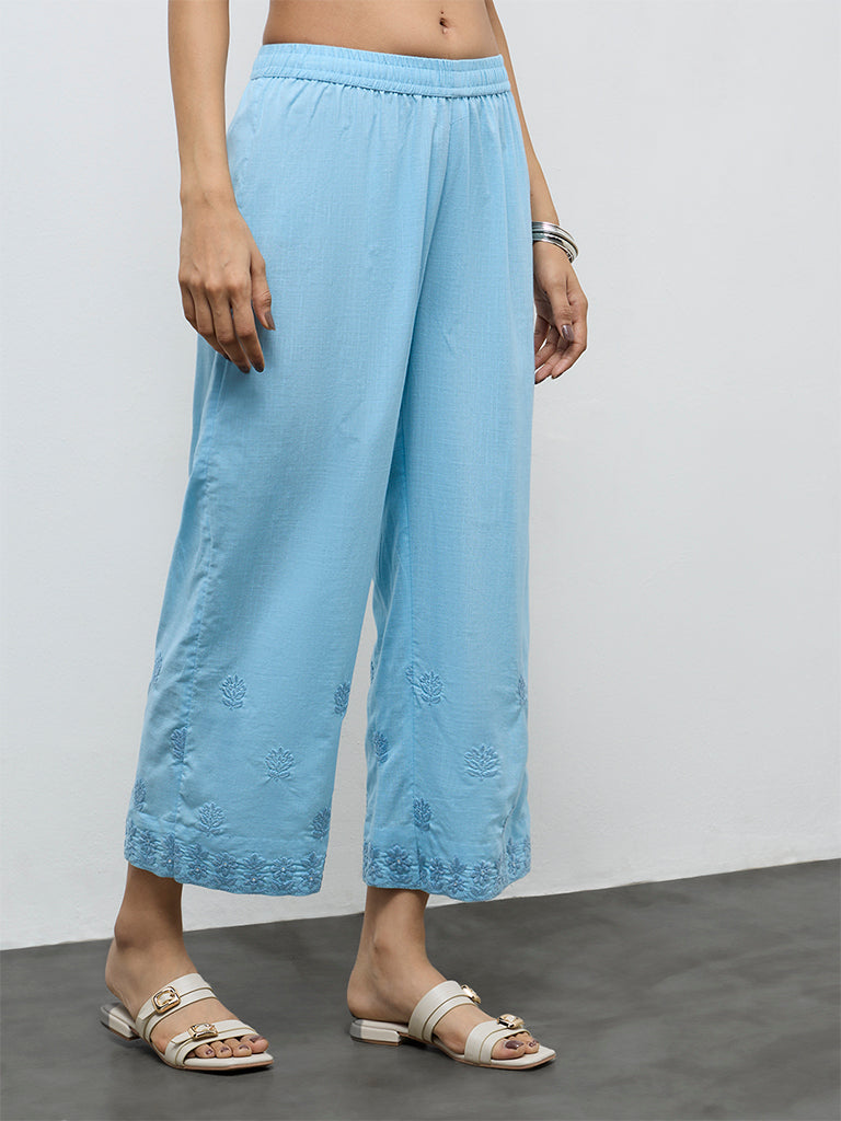 Utsa Blue Floral Embroidered Cotton Pants