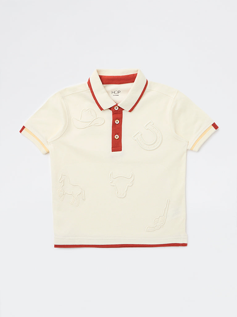 HOP Kids Boys Off-White Cotton Polo T-Shirt
