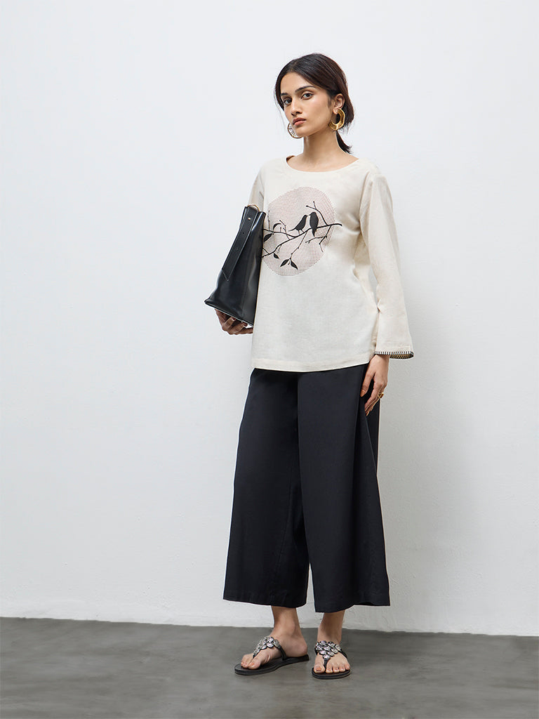 Utsa Off-White Bird Design Cotton-Blend Top