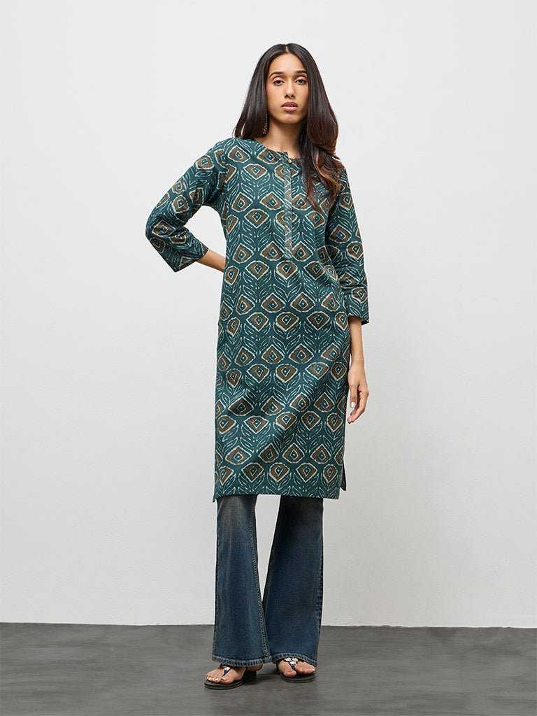 Utsa Green Printed Cotton Straight Kurta