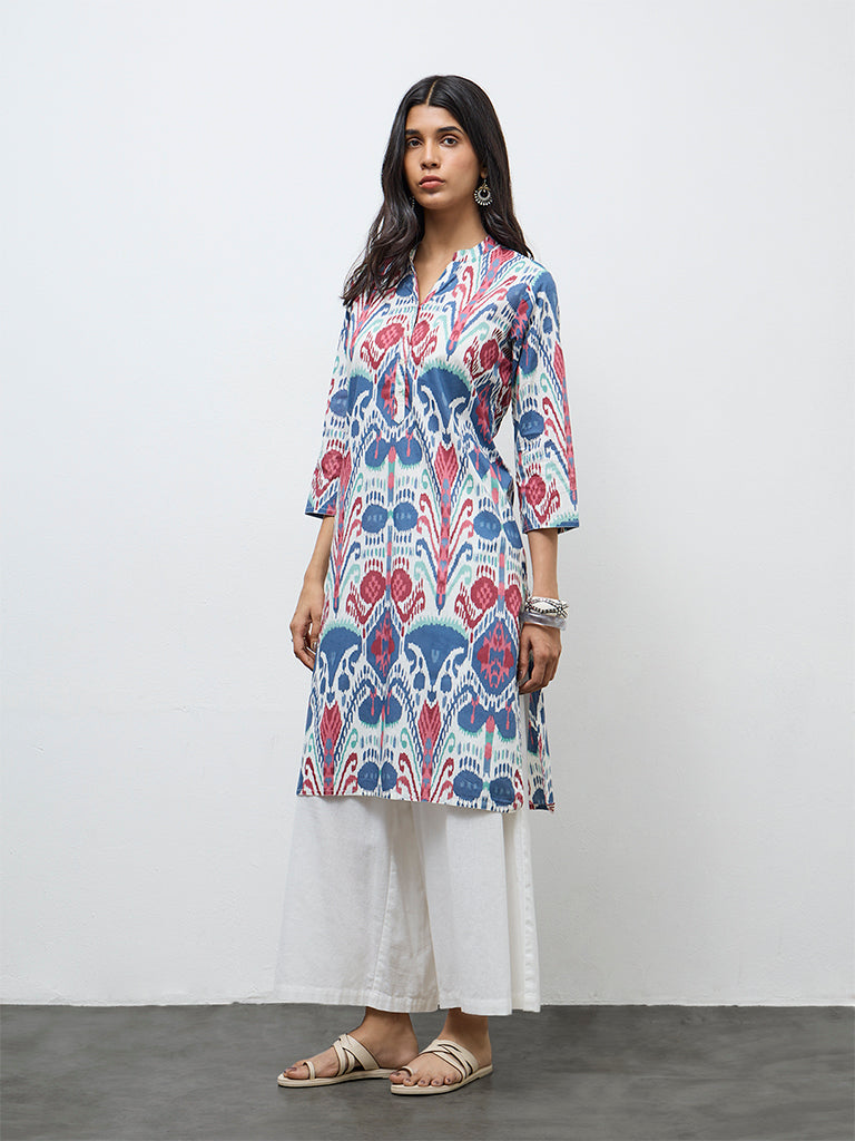 Utsa Blue Printed Cotton Straight Kurta